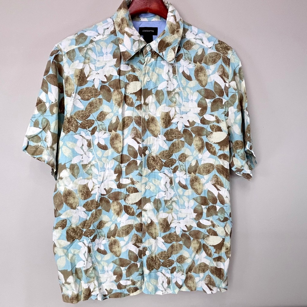 Claiborne Leaf Print Button Down Shirt Mens Large Short Sleeve Hawaiian Tropical